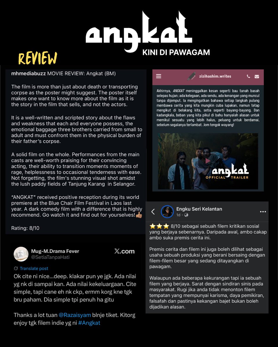 feiskfilms's tweet photo. ANGKAT REVIEW
Beberapa ulasan dah masuk dari segi penonton, reviewer, media dan juga pengkritik filem.
Tayangan di pawagam dah mula dikurangkan. Tolong tonton filem ANGKAT secepat mungkin.
Terima kasih atas sokongan usaha kami! #filemAngkat https://t.co/n5d1XUiH6n