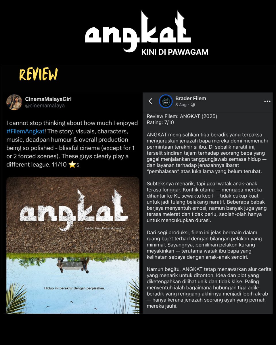 feiskfilms's tweet photo. ANGKAT REVIEW
Beberapa ulasan dah masuk dari segi penonton, reviewer, media dan juga pengkritik filem.
Tayangan di pawagam dah mula dikurangkan. Tolong tonton filem ANGKAT secepat mungkin.
Terima kasih atas sokongan usaha kami! #filemAngkat https://t.co/n5d1XUiH6n