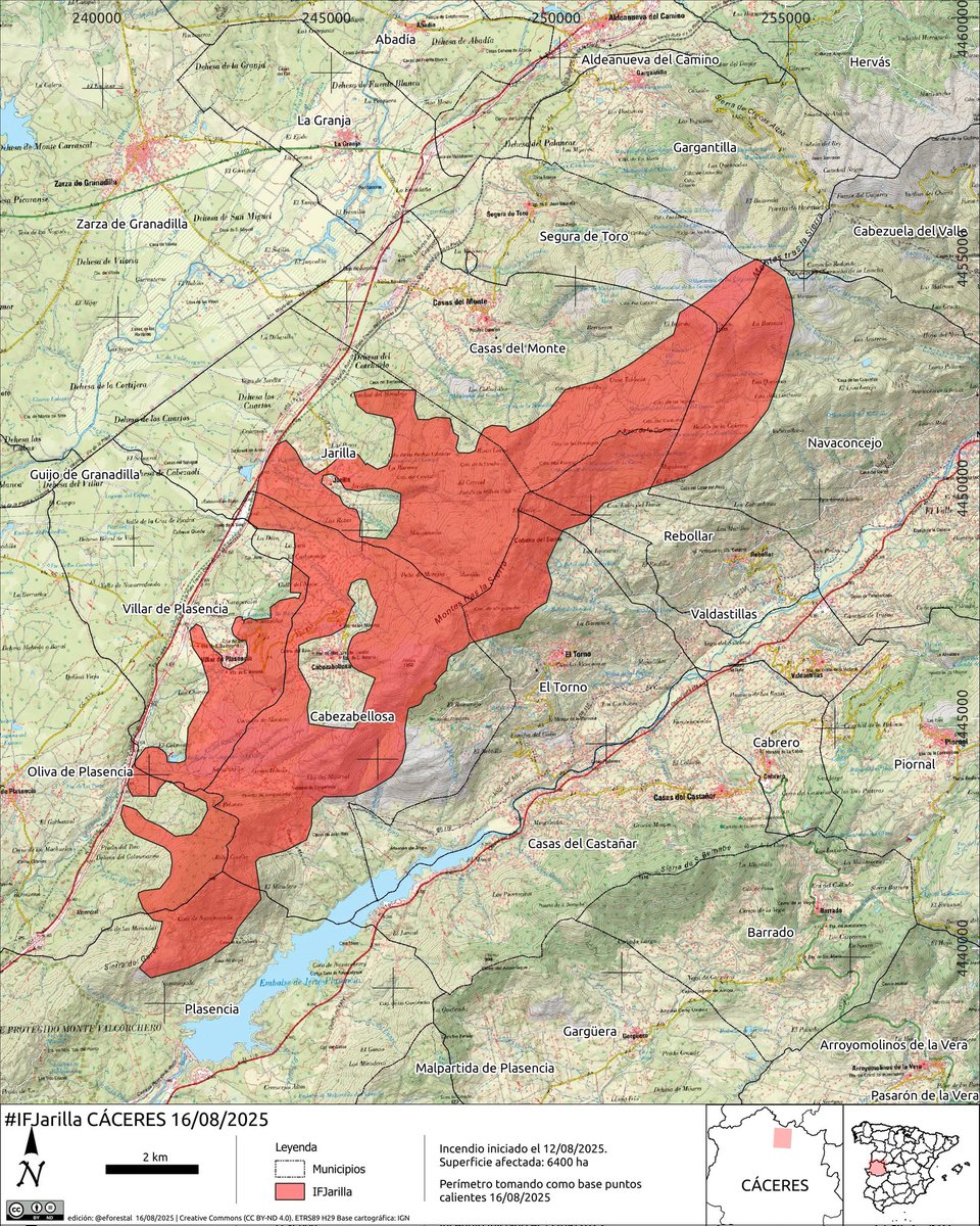 ➡️ Gargantilla: se procede a la evacuación 
➡️ Hervás: se procede al confinamiento   
➡️ Casas del Monte: continúa confinada
➡️ Segura de Toro: continúa confinada
➡️ Rebollar: continúa evacuado

#IFJarilla infografía <a href="/eforestal/">educación forestal</a> 16/08/25

Ojo con este IF, que se mete en Ávila