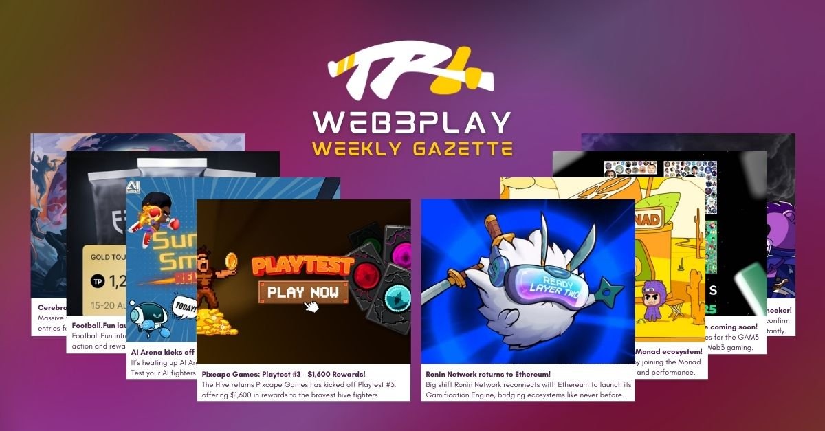 Web3-Gaming Gazette#73 is live🗞️

🗓️Events
<a href="/pixcapegames/">Pixcape Games I Hive Invasion</a> Playtest #3
<a href="/fantasy_top_/">fantasy.top</a> New Tournament System

🎮Ecosystem News
<a href="/Ronin_Network/">Ronin</a> returns to <a href="/ethereum/">Ethereum</a>
<a href="/cerebro_hq/">Cerebro</a> 70K+ submissions
<a href="/Somnia_Network/">Somnia</a> Airdrop
<a href="/LumiterraGame/">Lumiterra (mainnet arc)</a> expands <a href="/monad/">Monad</a> 

and more news at⬇️