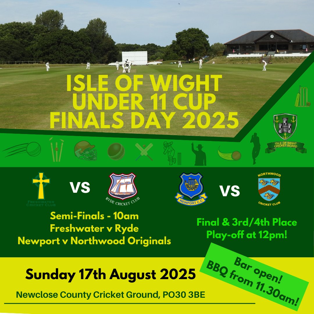 It's U11 Cup Finals Day at Newclose Cricket Ground today!

Teams from Freshwater, Newport, Northwood &amp; Ryde will compete for the chance to be crowned U11 Champions later this afternoon.

The bar at Newclose will be open, and there will be a BBQ running from 11.30am!