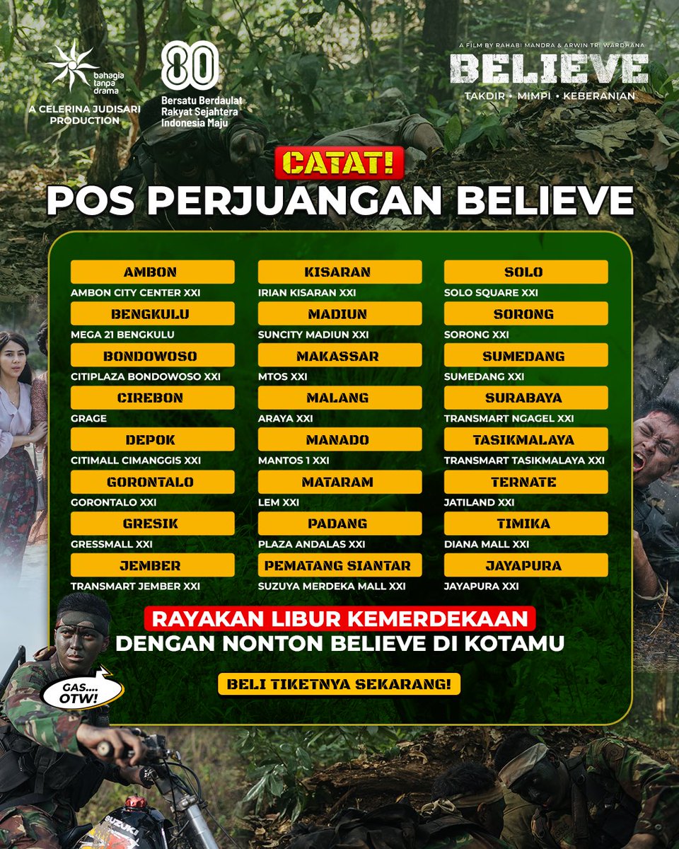 BTDpictures's tweet photo. Penonton Film Believe terus bertambah setiap hari!
Di momen Kemerdekaan RI ke-80 ini, Believe jadi satu-satunya film perjuangan yang masih tayang di bioskop! 🎬🇮🇩

Ada pesan spesial dari Serka Dedi @wafda90 dan Agus @ajil_ditto08 buat kamu… https://t.co/duIj9176Mw