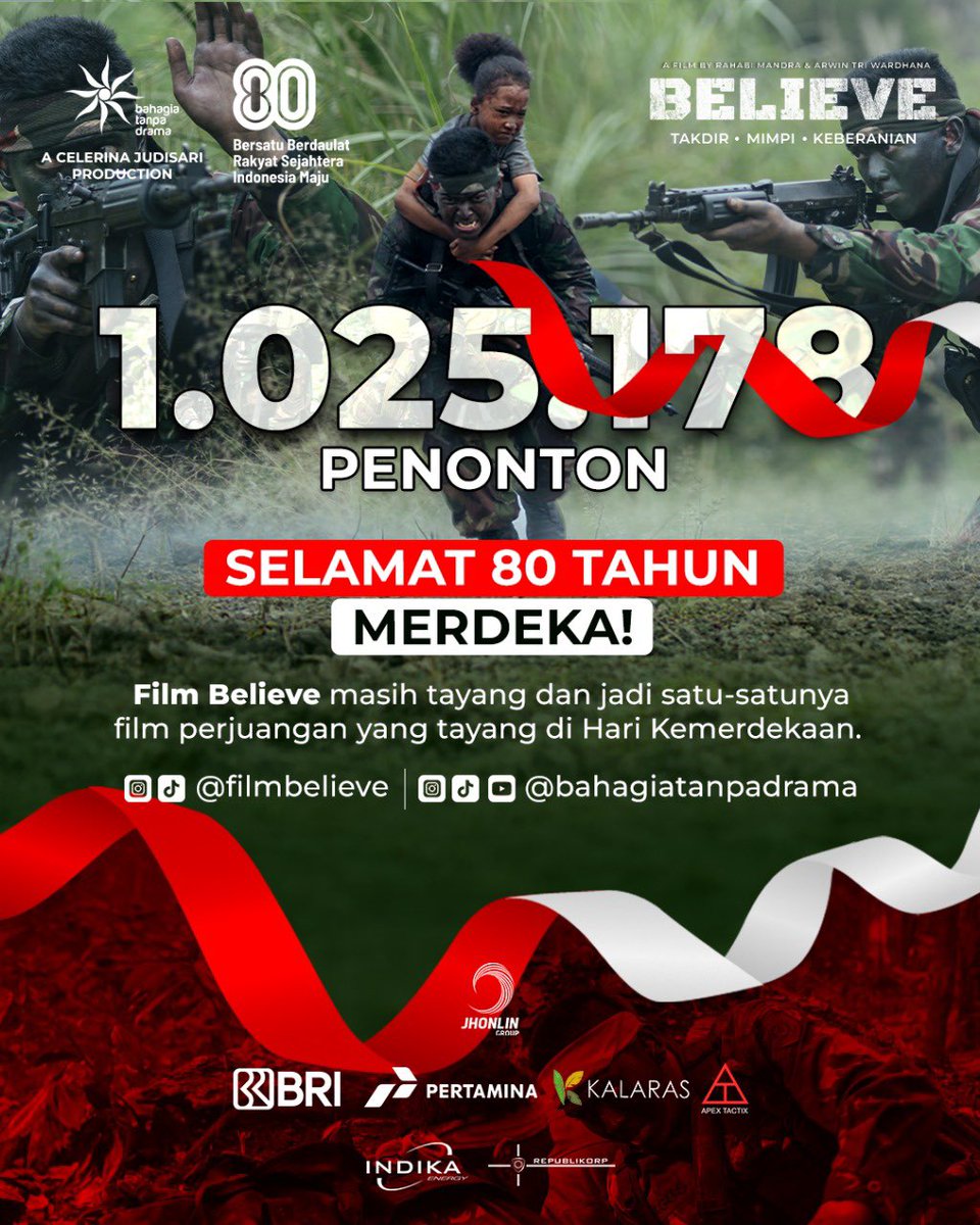 BTDpictures's tweet photo. Penonton Film Believe terus bertambah setiap hari!
Di momen Kemerdekaan RI ke-80 ini, Believe jadi satu-satunya film perjuangan yang masih tayang di bioskop! 🎬🇮🇩

Ada pesan spesial dari Serka Dedi @wafda90 dan Agus @ajil_ditto08 buat kamu… https://t.co/duIj9176Mw