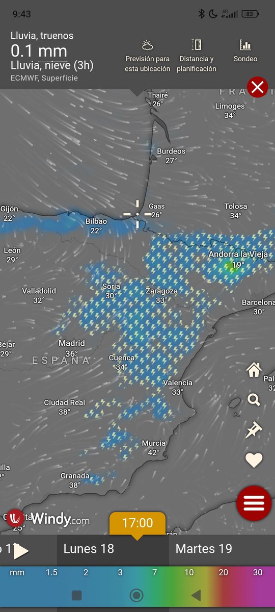 Previsión de tormentas para mañana lunes 17.
Se liará en Aragón, Castilla la mancha, Catalunya y C.Valenciana?