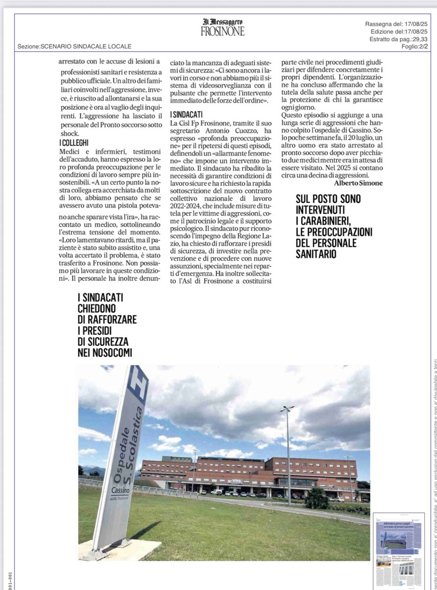 Cisl Fp Frosinone (@cislfpfrosinone) on Twitter photo ✅Ospedale di Cassino, nuova #aggressione al personale sanitario
<a href="/AntonioCuozzo/">Antonio Cuozzo</a> (<a href="/CislFpFrosinone/">Cisl Fp Frosinone</a>): “È ora di dire basta. Subito assunzioni e firma definitiva del nuovo #CCNL Sanità pubblica per garantire #sicurezza e #dignità a chi cura ogni giorno.”
#IlMioLavoroVale ✅Ospedale di Cassino, nuova #aggressione al personale sanitario
<a href="/AntonioCuozzo/">Antonio Cuozzo</a> (<a href="/CislFpFrosinone/">Cisl Fp Frosinone</a>): “È ora di dire basta. Subito assunzioni e firma definitiva del nuovo #CCNL Sanità pubblica per garantire #sicurezza e #dignità a chi cura ogni giorno.”
#IlMioLavoroVale