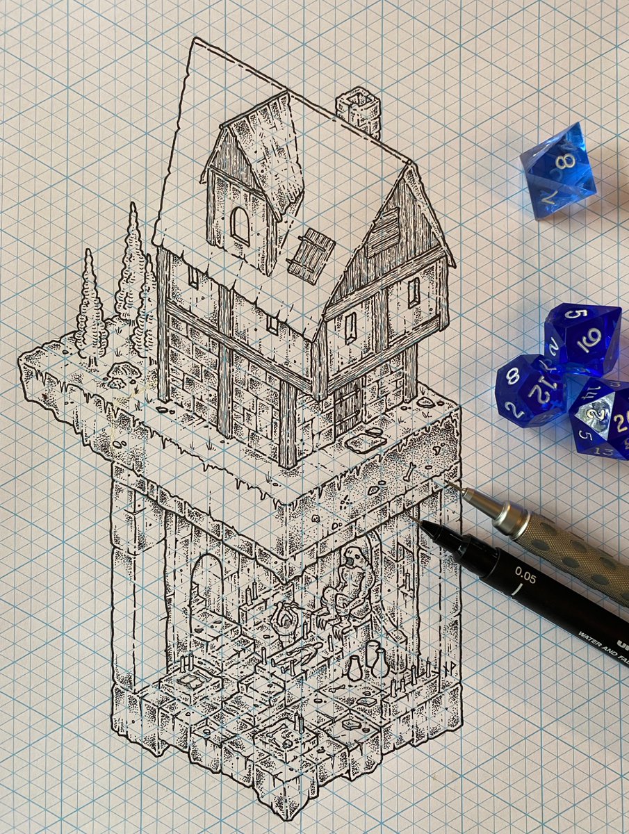 Trying to power through this drawing. I don’t find it particularly enjoyable to draw, if I’m being honest, but sometimes you just have to grit your teeth and do it. Wrist hurt like a mfer though 😖

#handdrawn #isometric #dnd #dungeonsanddragons #ttrpg