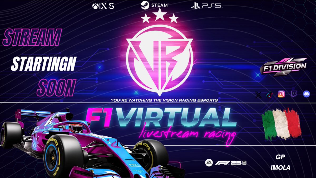 Formula 1 Virtual (@formula1virtual) on Twitter photo VISION RACING |
⏱️ 11:45 horas
<a href="/VR_VisionRacing/">Vision Racing Esports</a>
17/8/2025
TV : <a href="/formula1virtual/">Formula 1 Virtual</a>
Live/Twich ( F1)
twich.tv/formula1virtual
Casters
🎙️ <a href="/cocoloco300/">cocoloco29</a>
🎙️ <a href="/WSharperduke/">TCC Duke</a>
🕹️ Imola 🇮🇹
🕹️ <a href="/Xbox_Spain/">Xbox España</a> <a href="/Steam/">Steam</a> <a href="/SonyManager/">SonyPlayStation</a> VISION RACING |
⏱️ 11:45 horas
<a href="/VR_VisionRacing/">Vision Racing Esports</a>
17/8/2025
TV : <a href="/formula1virtual/">Formula 1 Virtual</a>
Live/Twich ( F1)
twich.tv/formula1virtual
Casters
🎙️ <a href="/cocoloco300/">cocoloco29</a>
🎙️ <a href="/WSharperduke/">TCC Duke</a>
🕹️ Imola 🇮🇹
🕹️ <a href="/Xbox_Spain/">Xbox España</a> <a href="/Steam/">Steam</a> <a href="/SonyManager/">SonyPlayStation</a>