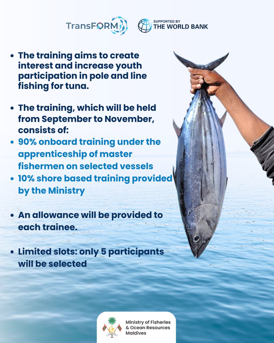 MFORmv's tweet image. Training Opportunity for Maldivian Youth in the Fishing Industry! 

The Ministry, with support from the TransFORM Project, is offering a FREE 3-month training program for Maldivian youth interested in pole-and-line fishing. This program provides a unique opportunity with onboard…