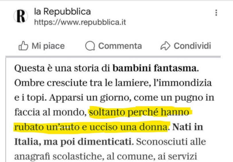 Ci tenevo a condividere con voi lettori, che secondo la redazione del giornalone Repubblica, siamo tutti esagerati e in certo qual modo colpevoli, perchè abbiamo osato provare risentimento per i 4 minorenni che a Milano, cito testuale dal loro articolo:
"Soltanto perchè hanno