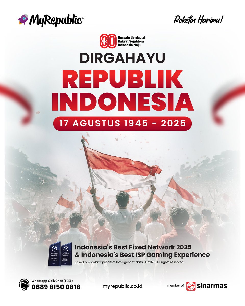 80 Tahun Merdeka, 80 Tahun Semangat Tak Pernah Padam! ❤️🤍

MyRepublic siap terus bersama Indonesia, menghadirkan #WifiTerbaik untuk setiap langkah, perjuangan dan mimpi yang kita wujudkan bersama.

Bersatu Berdaulat, Rakyat Sejahtera, Indonesia Maju! 🇮🇩

#DirgahayuRI
