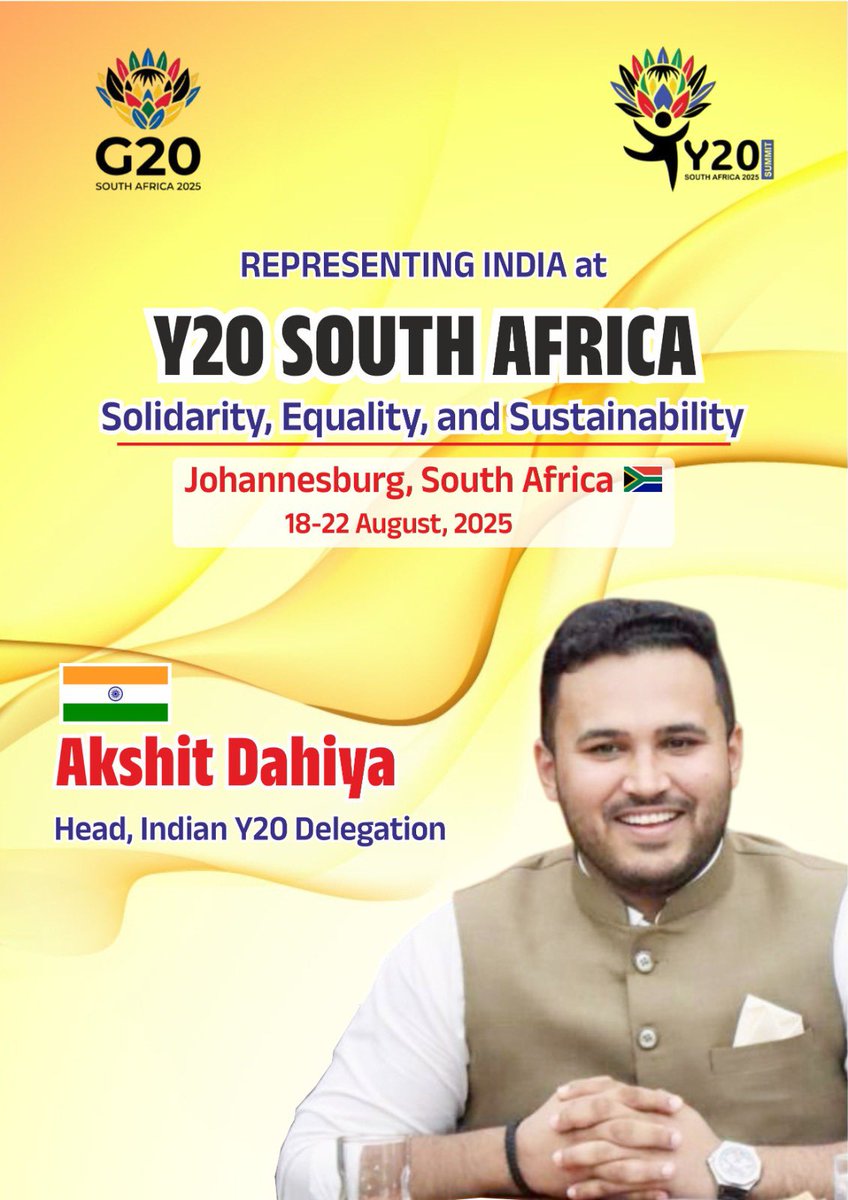 Akshit Dahiya (@akshitdahiyabjp) on Twitter photo Honoured to represent India as Head of the Indian Delegation at the Y20 Summit 2025 in Johannesburg, South Africa (18тАУ22 Aug).
Grateful to HonтАЩble PM Shri <a href="/narendramodi/">Narendra Modi</a> ji, Youth Affairs Minister Shri <a href="/mansukhmandviya/">Dr Mansukh Mandaviya</a> ji, Haryana CM Shri <a href="/NayabSainiBJP/">Nayab Saini</a> ji for this Honoured to represent India as Head of the Indian Delegation at the Y20 Summit 2025 in Johannesburg, South Africa (18тАУ22 Aug).
Grateful to HonтАЩble PM Shri <a href="/narendramodi/">Narendra Modi</a> ji, Youth Affairs Minister Shri <a href="/mansukhmandviya/">Dr Mansukh Mandaviya</a> ji, Haryana CM Shri <a href="/NayabSainiBJP/">Nayab Saini</a> ji for this