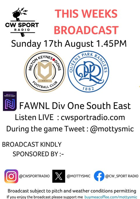 MottysMic's tweet photo. PLS RT MATCHDAY Hope to see you at
@MKDonsFCWomen vs @QPRWFC in @FAWNL at
@MkStadium . IYCMI you can listen in from 1.45pm BST https://t.co/banfWe2kUl @MKDonsFC @MkLadies @MKDonsWorldwide @MKDonsCT @OfficialMKDSA
@SDOWSYC1 @MK1Podcast @TheMKWayBlog
@mkfm @BBC3CR @mk_citizen https://t.co/QXByAkJiij
