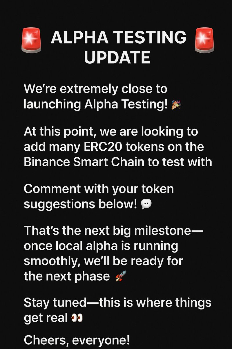 yadablockchain's tweet photo. 🚨 Alpha Testing Update 🚨

We’re extremely close to launching Alpha Testing! 🎉

At this point, we are looking to add many ERC20 tokens on the Binance Smart Chain to test with. Comment with your token suggestions below!

That’s the next big milestone—once local alpha is running smoothly, we’ll be ready for the next phase. 🚀

Stay tuned—this is where things get real 👀

Cheers, everyone!