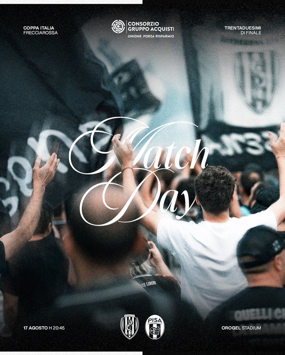 #MATCHDAY - trentaduesimi di finale di Coppa Italia Frecciarossa

Cesena 🆚 Pisa

🏟️ Orogel Stadium - Dino Manuzzi
⌚️Ore 20:45
📺 Diretta TV Su Mediaset ch.20
#️⃣ Interagisci con i profili social
📱 Segui la cronaca testuale sull’app ufficiale