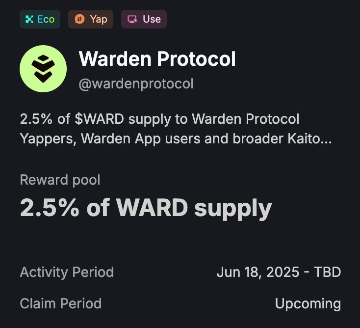 arvindnunia10's tweet photo. Many are sleeping on this! 😴 @wardenprotocol, the only pre-TGE project, is allocating 2.5% of its token supply to Yappers! 🗣️🚀 Don't miss out on this unique opportunity!
#WardenProtocol #CryptoYappers #TokenAllocation https://t.co/LbWvZdgNoi