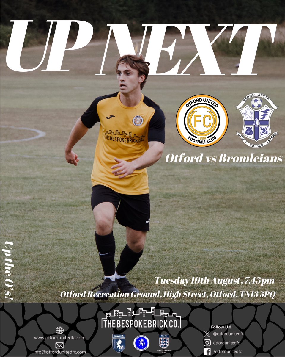 𝐔𝐩 𝐍𝐞𝐱𝐭 ‼️

Our first team take on Bromleians FC in a midweek fixture at home. Come on down and support the boys in there next season game. 

Up the O’s 🧡🖤

#OUFC #otfordunitedfc #COYO #UptheOs #Otford #AmberAndBlack