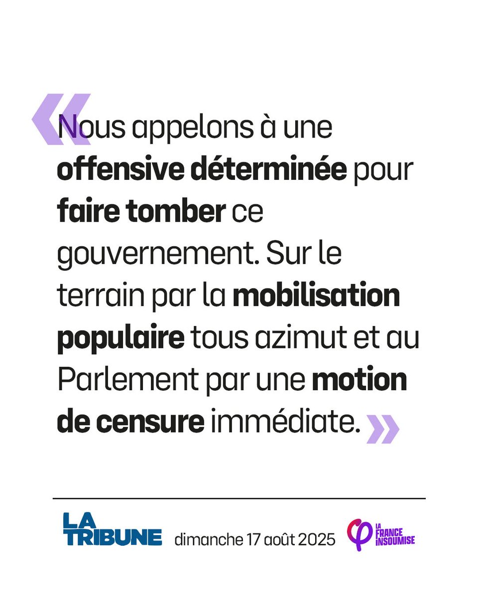 FranceInsoumise's tweet photo. 📰 Nous ne nous laisserons pas faire ! 

Face au gouvernement Bayrou qui refuse d’entendre le peuple, les insoumis appellent à rejoindre les mobilisations du 10 septembre et déposeront une motion de censure. 

👉 Retrouvez la tribune ici :  https://t.co/s9QMUXs1Gu https://t.co/y6zmC4c968