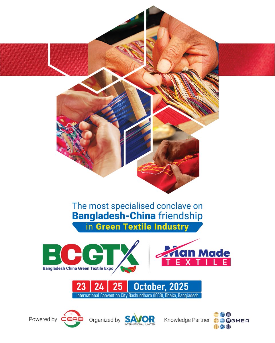 savorbd's tweet image. 🧵 𝐌𝐚𝐧-𝐌𝐚𝐝𝐞 𝐓𝐞𝐱𝐭𝐢𝐥𝐞 – 𝐓𝐡𝐞 𝐅𝐮𝐭𝐮𝐫𝐞 𝐨𝐟 𝐅𝐚𝐛𝐫𝐢𝐜𝐬!
At 𝐁𝐂𝐆𝐓𝐗 𝟐𝟎𝟐𝟓, discover how man-made fibers are shaping the next generation of textiles — combining strength, sustainability, and style for global markets.

#BCGTX2025 #ManMadeTextile