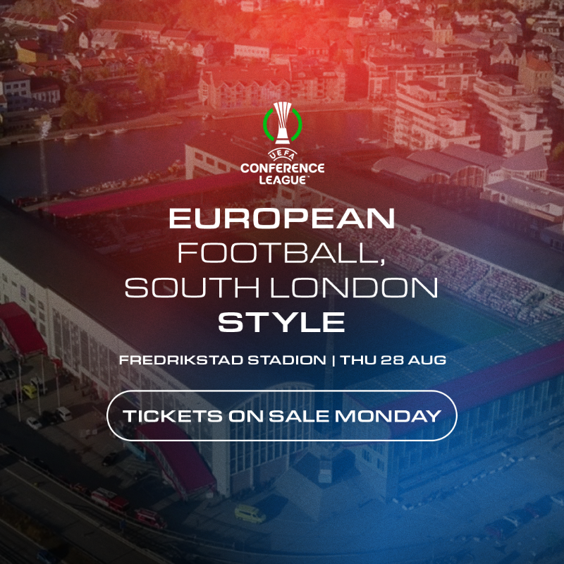 CPFC's tweet photo. Be with us in Europe 🤝

We have been given 1,700 tickets for our UEFA Conference League play-off round away leg, against Fredrikstad FK.

Tickets will go on sale from 12:00 BST on Monday to qualifying supporters in a phased selling order based on Loyalty Points ℹ️
