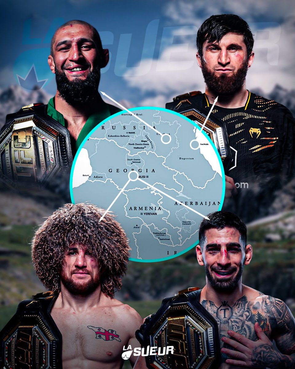 LaSueur_off's tweet photo. 🚨 50% des champions UFC actuels (4/8) sont originaires du Caucase. 🏆

◾️Tchétchénie : Khamzat Chimaev 🐺
◾️ Daghestan : Magomed Ankalaev 🦅
◾️ Géorgie : Merab Dvalishvili &amp; Ilia Topuria 🇬🇪

Si Islam Makhachev prend la ceinture de JDM, ça fera 5/8 ! https://t.co/FtALjNcrU5