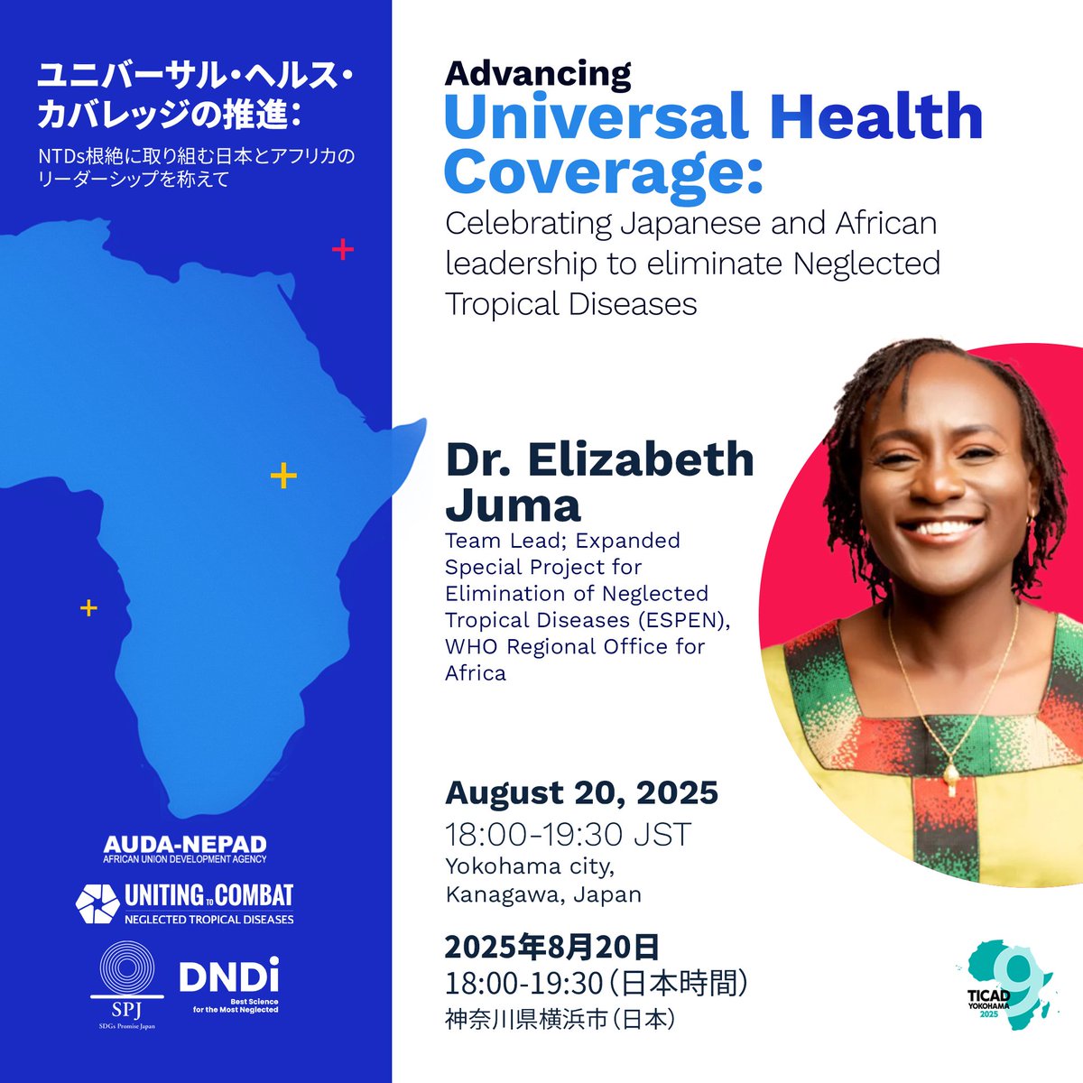 Uniting to Combat Neglected Tropical Diseases (@combatntds) on Twitter photo A shared commitment. A bold vision. One goal: eliminate neglected tropical diseases by 2030. With speakers including Dr. Osamu Kunii - <a href="/GHITFund/">GHIT Fund (グローバルヘルス技術振興基金)</a>, Dr. Elizabeth Juma - <a href="/WHOAFRO/">WHO African Region</a>, join us at #TICAD9 on 20 August in Yokohama. #BeatNTDs A shared commitment. A bold vision. One goal: eliminate neglected tropical diseases by 2030. With speakers including Dr. Osamu Kunii - <a href="/GHITFund/">GHIT Fund (グローバルヘルス技術振興基金)</a>, Dr. Elizabeth Juma - <a href="/WHOAFRO/">WHO African Region</a>, join us at #TICAD9 on 20 August in Yokohama. #BeatNTDs