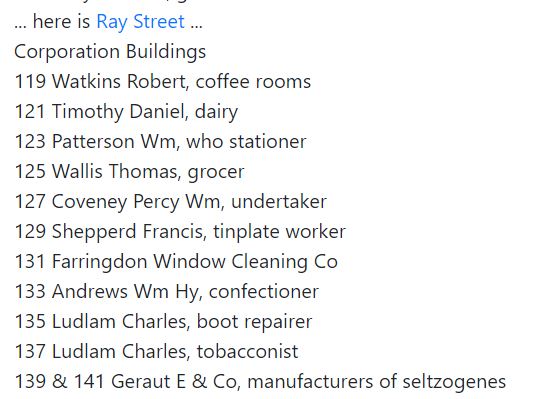 As is my wont each week on #SundayMorning, here's "Sunday Morning, Farringdon Road" by Cecil Osborne from 1929. The subject of the view was Corporation Buildings at 119-141, Farringdon Road. Looking at the list from the London Street Directory from 1921 one can make out the shops