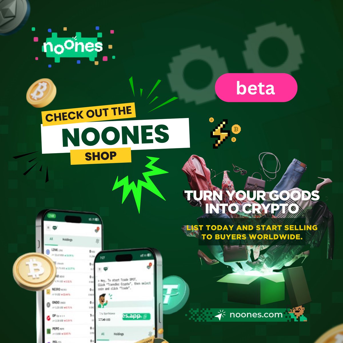 Discover the NoOnes Shop! Turn your goods into crypto and connect with  buyers from all around the world 🌍💸 • List your items today •Get paid  directly in crypto • Sell smarter,