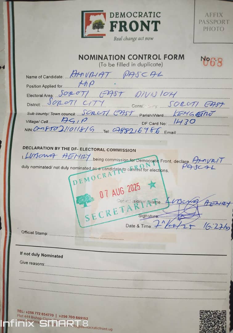 pascal amuriat (@pascalamuriat) on Twitter photo Duly nominated as Flag bearer DF Soroti East Division MP 2026. To God be the glory. <a href="/AbedBwanika/">Abed Bwanika</a> <a href="/MathiasMpuuga/">Mathias Mpuuga</a> <a href="/democraticfr/">Democratic Front (DF)</a> <a href="/NoelineRaf4089/">Rafiqah Big Deal</a> Duly nominated as Flag bearer DF Soroti East Division MP 2026. To God be the glory. <a href="/AbedBwanika/">Abed Bwanika</a> <a href="/MathiasMpuuga/">Mathias Mpuuga</a> <a href="/democraticfr/">Democratic Front (DF)</a> <a href="/NoelineRaf4089/">Rafiqah Big Deal</a>