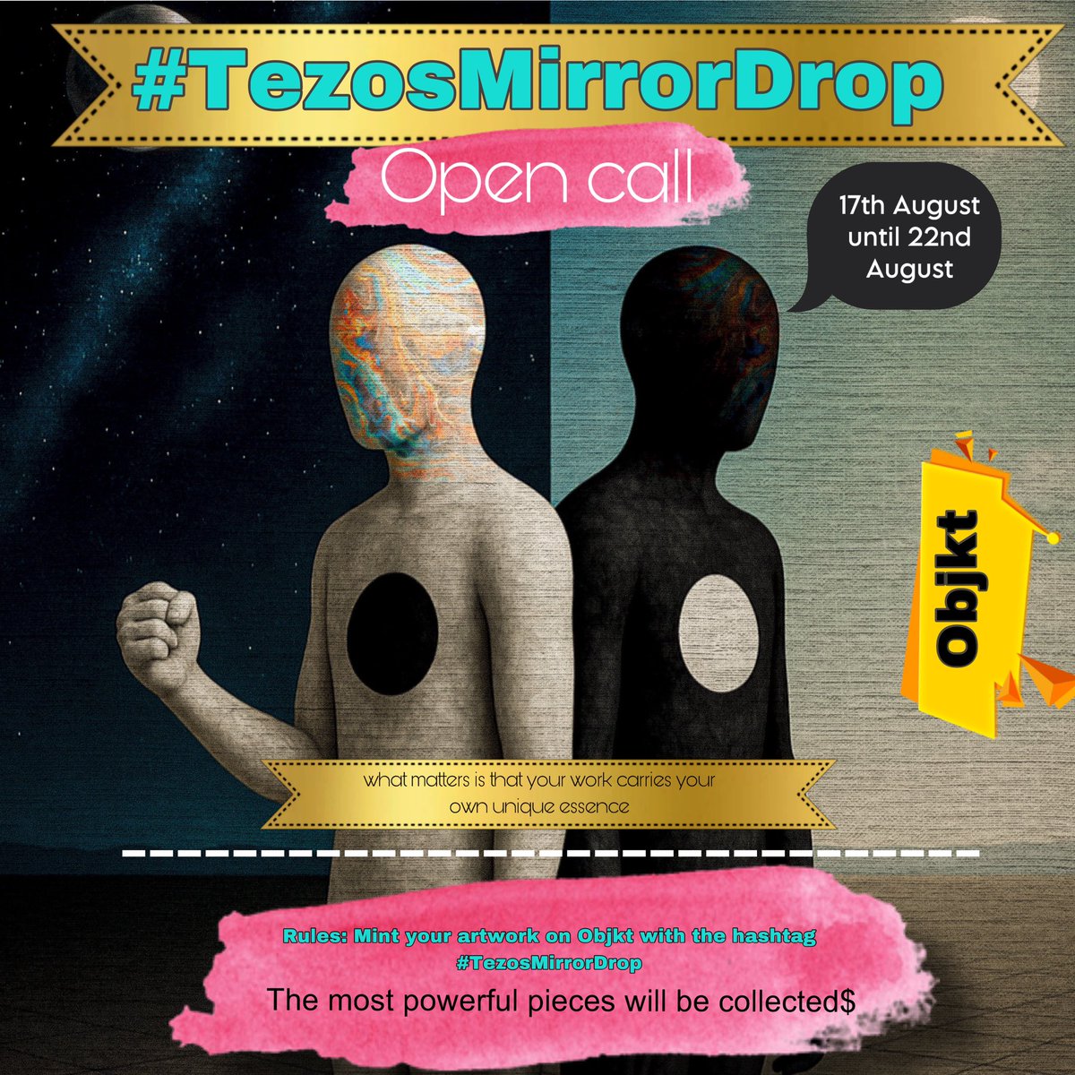 🚨 OPEN CAL-TezosMirrorDrop🚨

We’re inviting artists from all around the world to share their personal reflections through art
Style is completely free – what matters is that your work carries your own unique essence

📌 How to participate:
1️⃣ Mint your artwork on Objkt with the