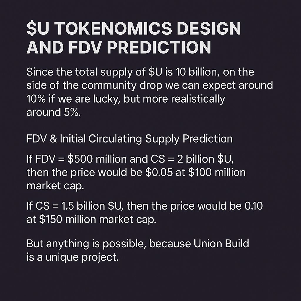$U Tokenomics Design and FDV Prediction

Since the total supply of $U is 10 billion,
on the side of the community drop we can expect around 10% if we are lucky, but more realistically around 5%

If we get 10% as an initial community drop,
we can expect an airdrop multiplier based