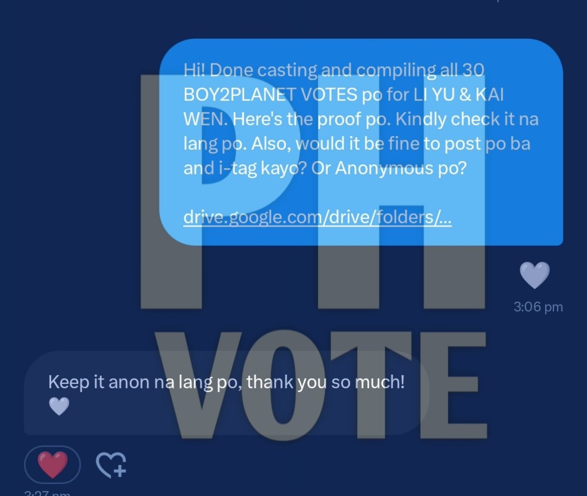 PH VOTE SELLER. (@phvoteseller) on Twitter photo SOLD | 1708 - BOYS 2 PLANET VOTES
π« sold 30 boys2planet votes for LI YU & KAI WEN
 purchased by ANONYMOUS 
thank you so much for purchasing  π π«Άπ»
#PHvoteproofs SOLD | 1708 - BOYS 2 PLANET VOTES
π« sold 30 boys2planet votes for LI YU & KAI WEN
 purchased by ANONYMOUS 
thank you so much for purchasing  π π«Άπ»
#PHvoteproofs