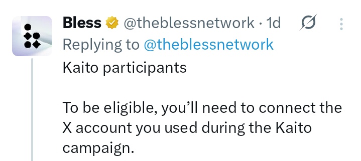 🚨 this is for the bless network yappers

1/ ensure your kaito x is what's connected to your  <a href="/theblessnetwork/">Bless</a> dashboard to avoid 0 allocation

2/ you can check if you linked the correct profile via:

🔗bless.network/dashboard/achi…

3/ if you didn't, relax don't panic 

4/ the bless