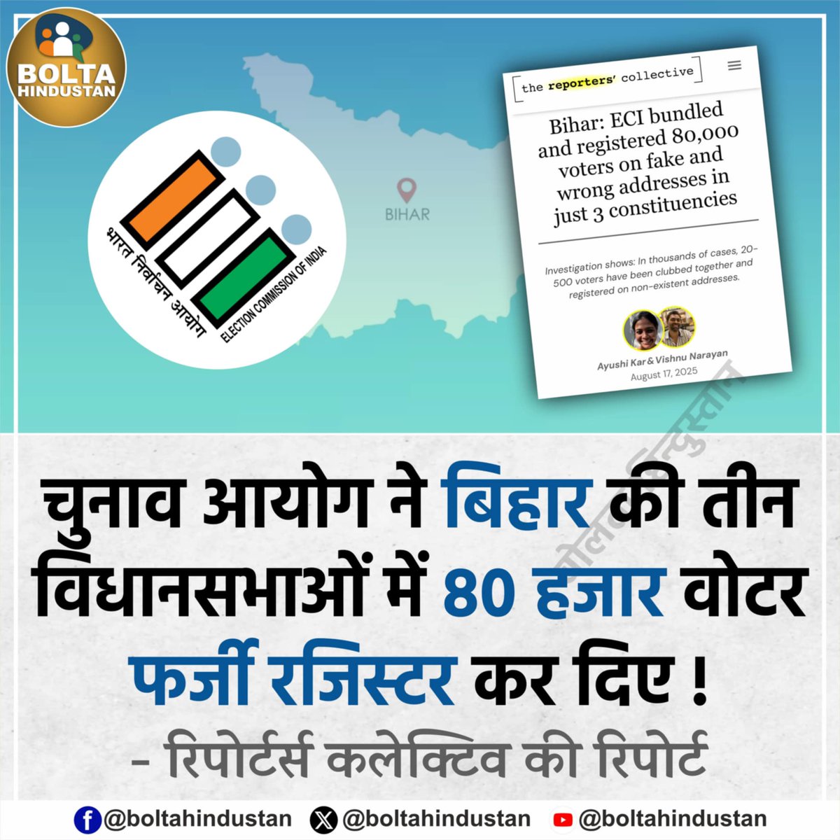 चुनाव आयोग ने बिहार की तीन विधानसभाओं में 80 हजार वोटर फर्जी पते पर रजिस्टर किए !

रिपोर्टर्स कलेक्टिव की रिपोर्ट में खुलासा