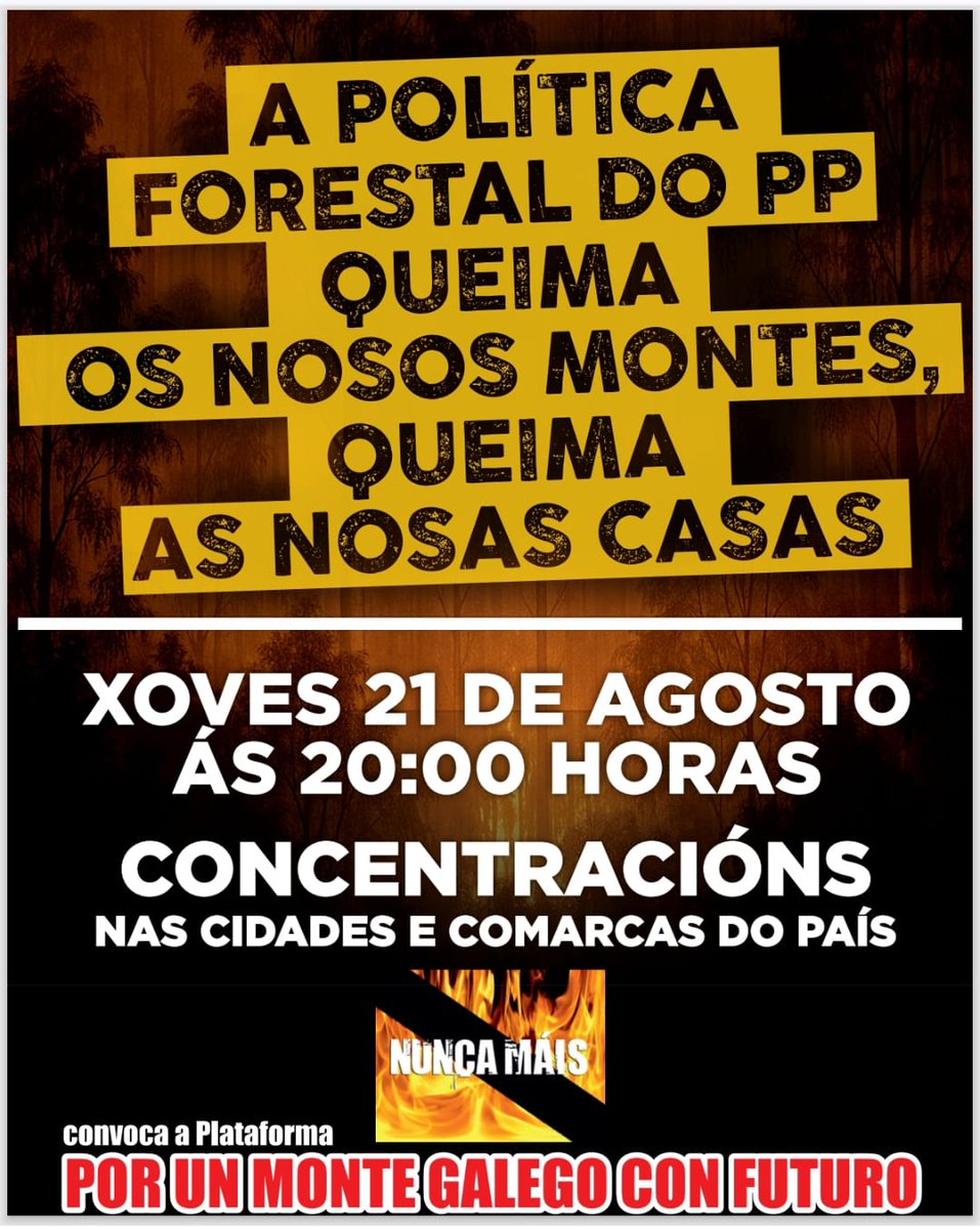 ‼️A política forestal do PP queima os nosos montes e as nosas casas
📍Concentracións este xoves 21 de agosto, ás 20:00 horas, nas cidades e comarcas
📢Mobilízate "Por un Monte Galego con Futuro"
#LumesNuncaMáis