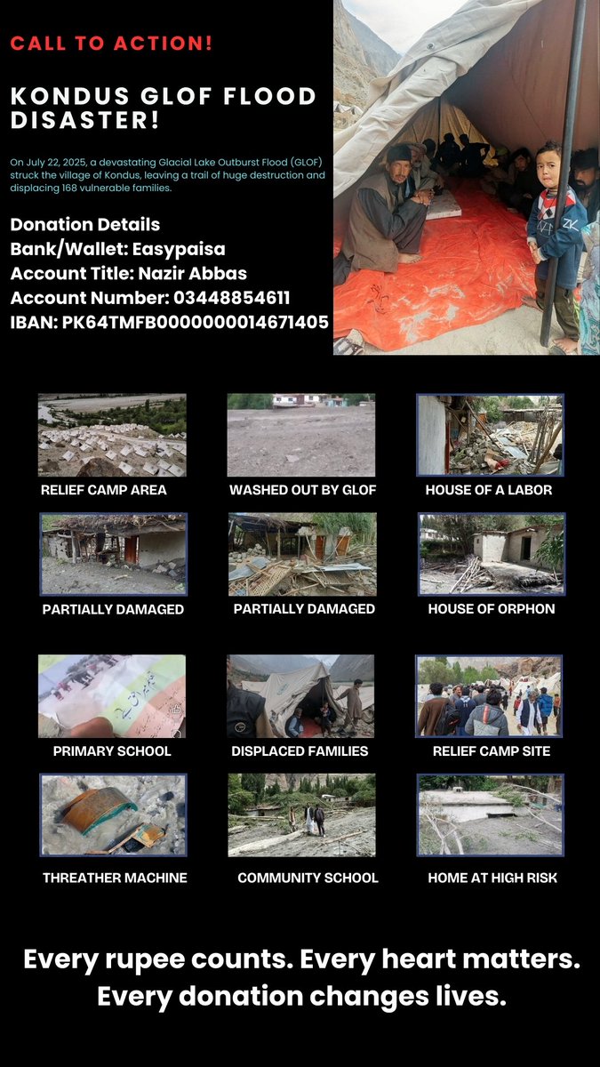 Mohtermalaila's tweet photo. 167 families in #Kondus Valley, #GilgitBaltistanFlood victims, have lost their homes, mosques, and schools.  Your contribution, no matter how small—even as little as 10 rupees can help bring them relief and hope. Together, we can rebuild lives. Please donate and share. https://t.co/DxC8v7RLEd