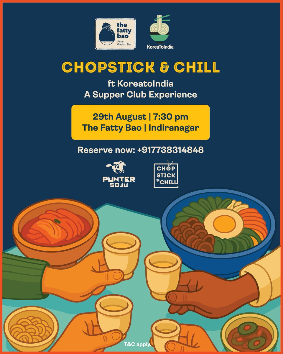 SimranBhansali1's tweet photo. Hi everyone 🌸

Excited to share that I’m collaborating with The Fatty Bao for a very special supper club evening — Chopstick & Chill 🥢✨

📅 Date: 29th August (Friday)
⏰ Time: 7:30 PM onwards
📍 Venue: The Fatty Bao, Indiranagar

This time, for the first time ever, we’ll be serving both vegetarian and non-vegetarian courses 💫
Think multi-course Korean-inspired dishes, soju cocktails, and a cozy night of conversations. 🌻

🎟 Seats are very limited — DM me directly for bookings (9019569732). 💌

Would love to see you there 🥂🍜