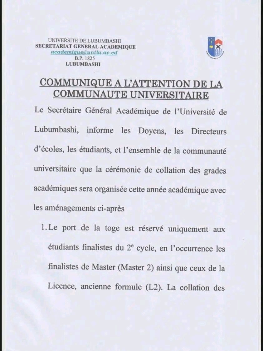 Isiro Yetu (@isiroyetu) on Twitter photo 🎓 #ESU/RDC | Exclusion des Bac+3 de la collation de grades.
À l’Université de Lubumbashi, <a href="/uniluofficiel/">Université de Lubumbashi</a>, les étudiants de 3e année de licence (Bac+3) ne participeront pas à la cérémonie de collation de grades, ils ne recevront que leurs résultats au niveau de chaque faculté. 🎓 #ESU/RDC | Exclusion des Bac+3 de la collation de grades.
À l’Université de Lubumbashi, <a href="/uniluofficiel/">Université de Lubumbashi</a>, les étudiants de 3e année de licence (Bac+3) ne participeront pas à la cérémonie de collation de grades, ils ne recevront que leurs résultats au niveau de chaque faculté.