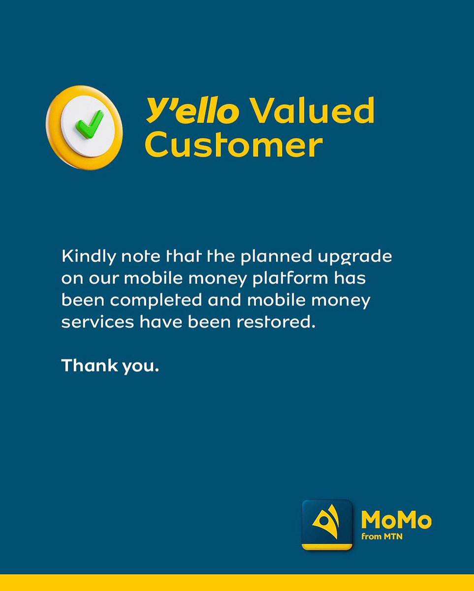 MoMoFromMTNGh's tweet image. Y’ello Valued Customer, kindly note that mobile money services have been restored. Thank you.