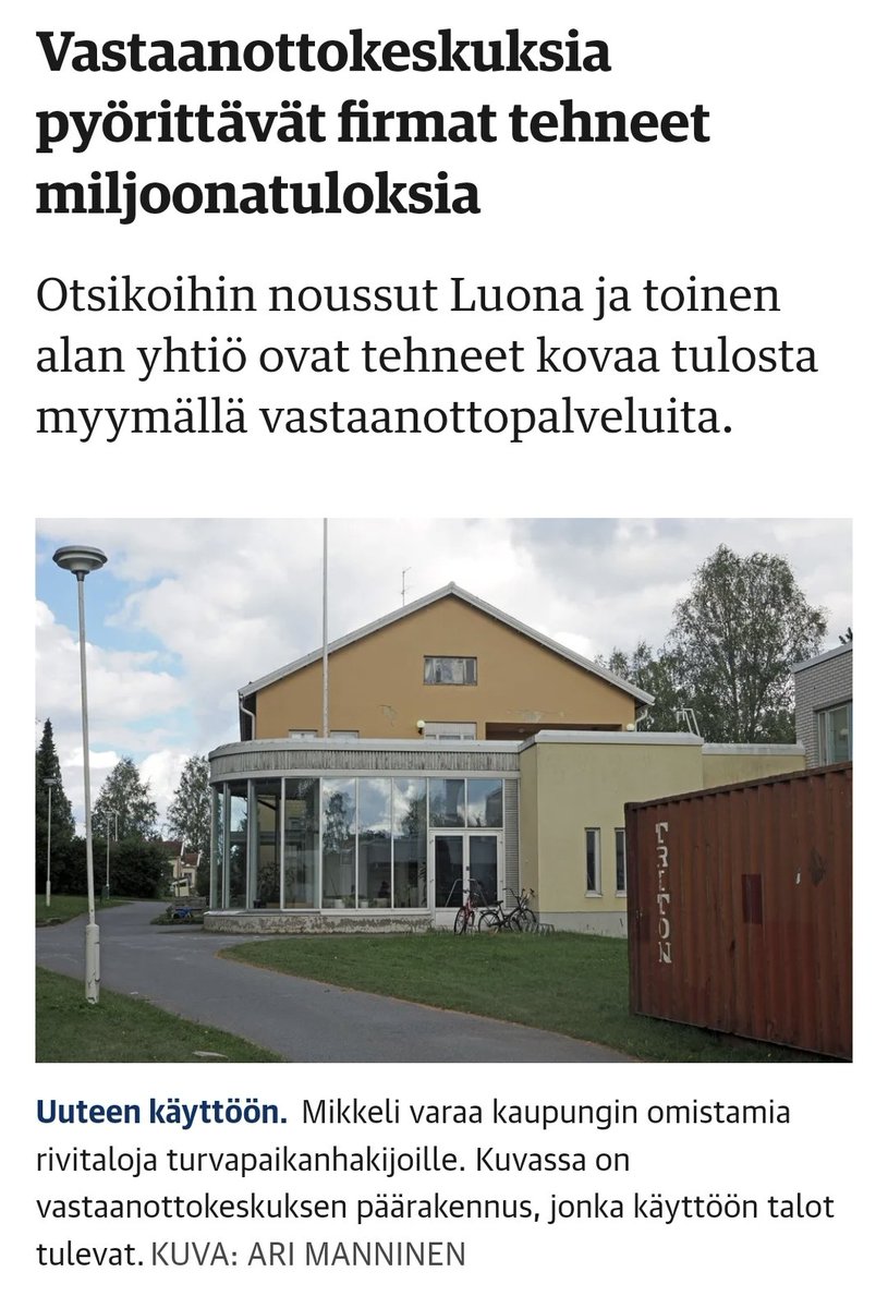 Tässä taas röyhkeyden huippu. Vastaanottokeskusfirmat tekevät miljoonatiliä maahanmuuttajilla ja veronmaksajien rahoilla. Luona Oy:n liikevoitto 2024 oli 8,1 M€, Kotokunta Oy:n liikevoitto 19 M€.  Kotokunnan omistajiin kuuluu myös LUVN-hyvinvointialueen johtaja.