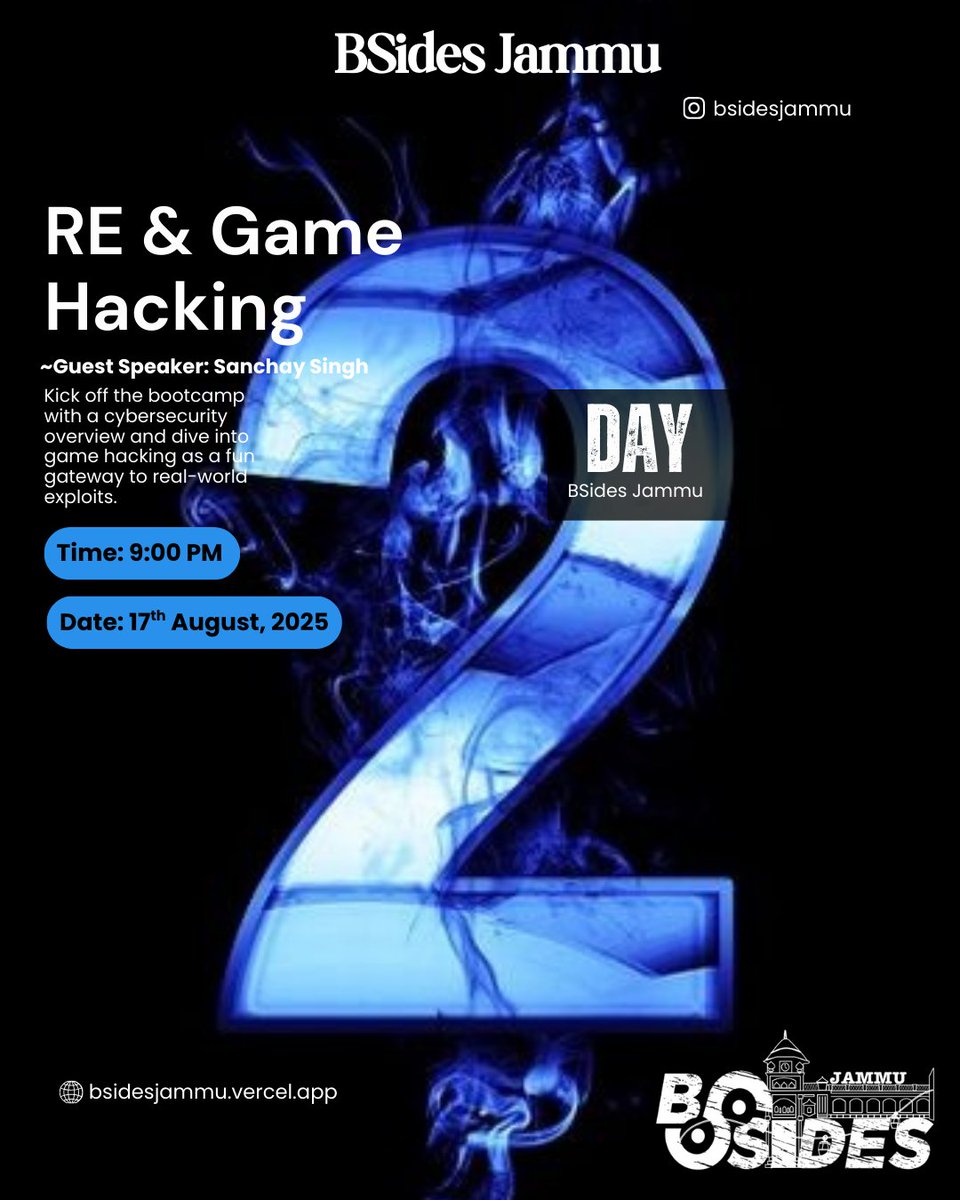 BSidesJammu's tweet photo. 🎯 Day 2 - Game Hacking Meets Real-World Offense
Join Sanchay Singh as he takes you inside the playground of memory manipulation, real-time exploits &amp; more.

📆 17 Aug | 🕘 9 PM | 💻 Virtual
This is not just gaming - this is cyber offense in action!

Hashtags:
#BSidesJammu https://t.co/WlyvCNnbn3