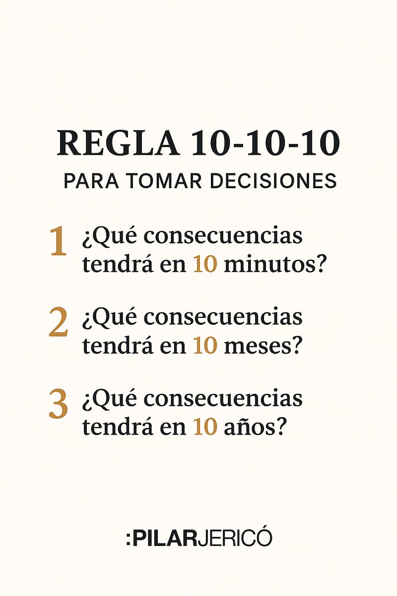 ✨ A veces decidir es lo más difícil. Nos bloquea el miedo a equivocarnos, la presión del momento o la incertidumbre del futuro.

Una herramienta sencilla y poderosa es la regla del 10-10-10 de Suzy Welch: