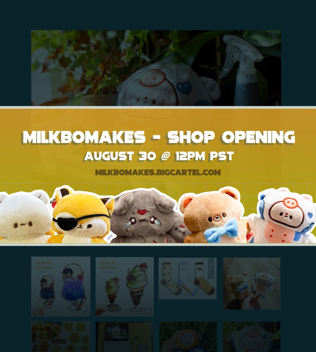 Hi friends !!

My shop will be reopening on both Big Cartel and Etsy on August 30th, 12PM PST !!

Shop link: milkbomakes.bigcartel.com

Plushies (HuaLian + Bingpups), charms, apparel- the whole lot will be on my store !! 

Limited stock for the plushies but everything else- 🥹👍✨