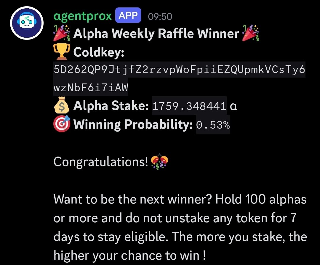 shugoio's tweet image. Every Sunday, it's time to thank loyal holders of #SN91 with agentprox's blessing 🙌
Today we're happy to see a 0.53% Winning Probability took 500 Alpha all the way home.
Congratulations and keep supporting #tensorprox, the world's first truly #decentralised Edge Platform.…