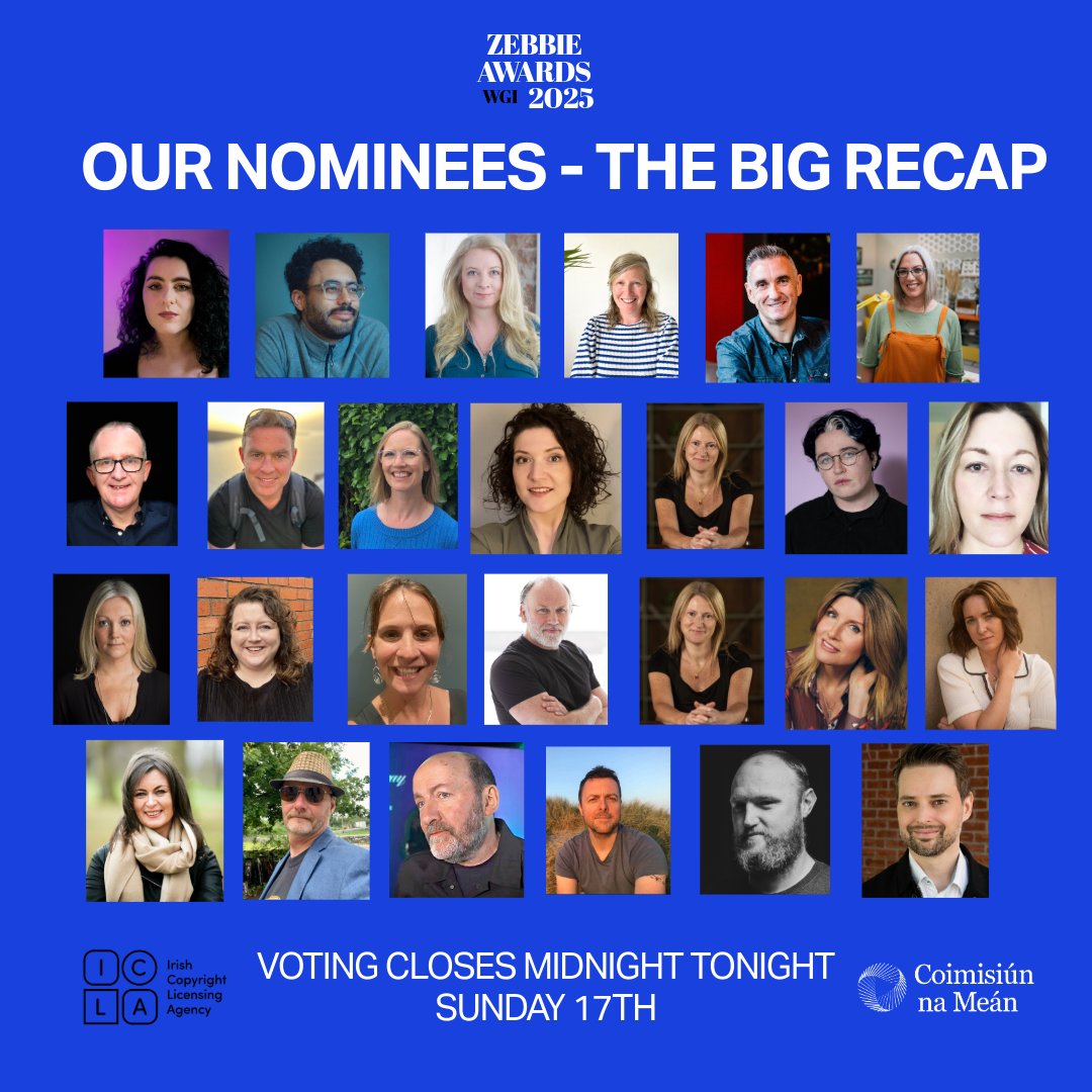 WritersGuildIRL's tweet photo. Last day to vote in Zebbies 2025 (closing midnight) go to https://t.co/foBlCssx0M sign-in and do your thing!! @MaireZepf @BreenEamann @janethayes29 @shewithonee @caitmkearns @MaryElaineTynan @SharonHorgan @lifetimespaddy @HelloMerman @AppleTV @CNaM_ie @irishcopyright https://t.co/RHzNYXlx5c