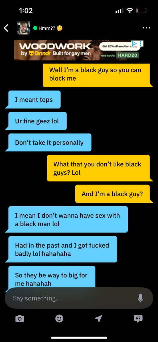 Cristlist332's tweet photo. I’m getting so fed up with encountering people like this on the apps… The nerve. #grindr #racist #gay #interracial #hookupstories https://t.co/zgjxXPpg0q