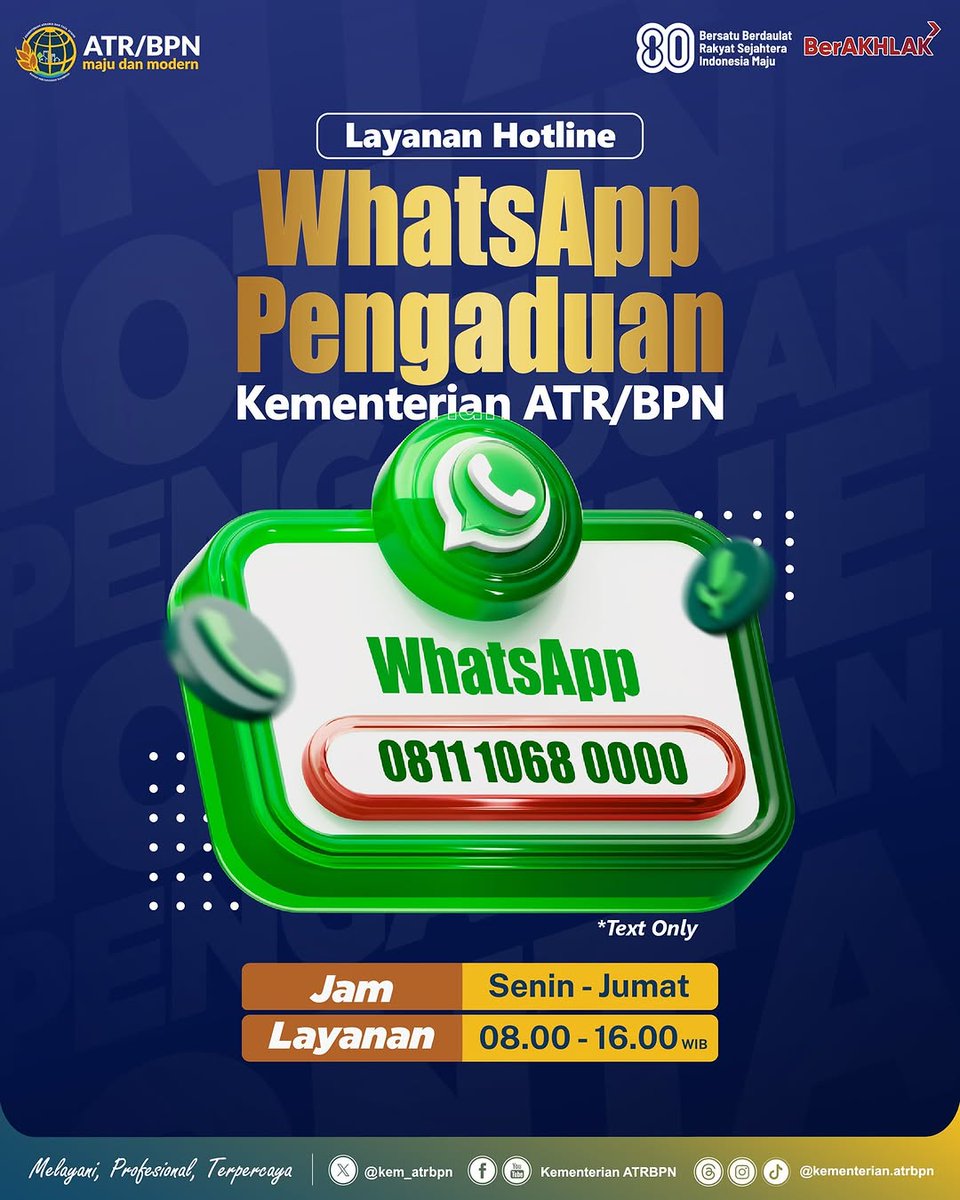 atrbpn_hsu's tweet photo. Segenap jajaran Kementerian ATR/BPN mengucapkan Dirgahayu Republik Indonesia.
Bersatu Berdaulat
Rakyat Sejahtera
Indonesia Maju
#HUT80
#BersatuBerdaulat
#RakyatSejahtera
#IndonesiaMaju
#IndonesiaLengkap
#ATRBPNKiniLebihBaik
#ATRBPNMajudanModern
#MelayaniProfesionalTerpercaya https://t.co/rQqaduIaVq