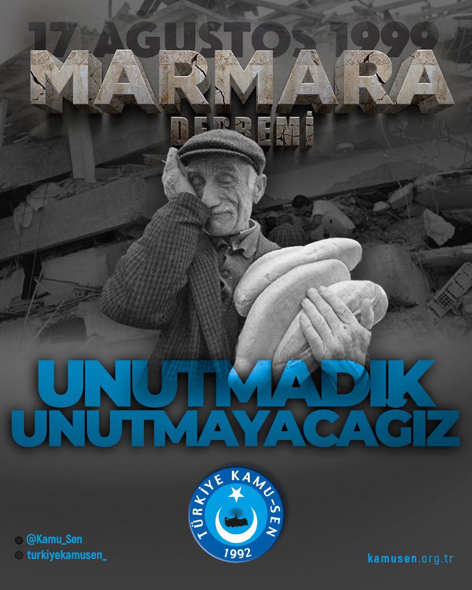 17 Ağustos 1999 Marmara Depremi’nde hayatını kaybeden vatandaşlarımızı rahmetle, anıyoruz. Mekanları cennet olsun. 
Rabbim milletimizi her türlü afet ve felaketlerden korusun. 
#17Ağustos #MarmaraDepremi