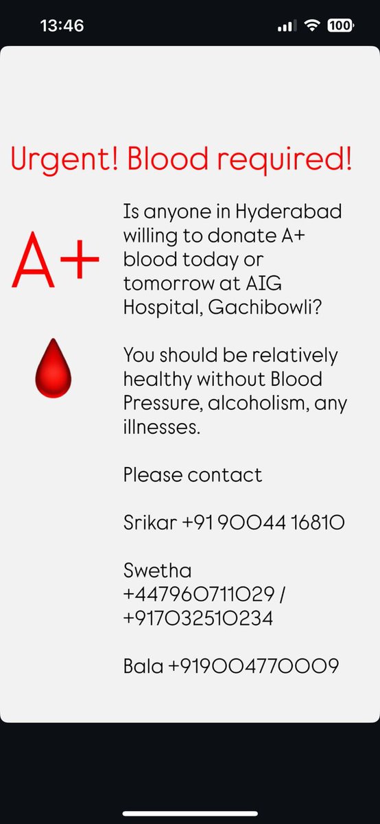 0987654321ahik's tweet image. Urgent Blood required for my friend's mother.

Please forward to your known people/groups 🙏

@chirubloodbank
@hydblooddonors @hbdsofficial
@BloodDonorsBLR 
#BloodRequired 
#HyderabadBloodDonor