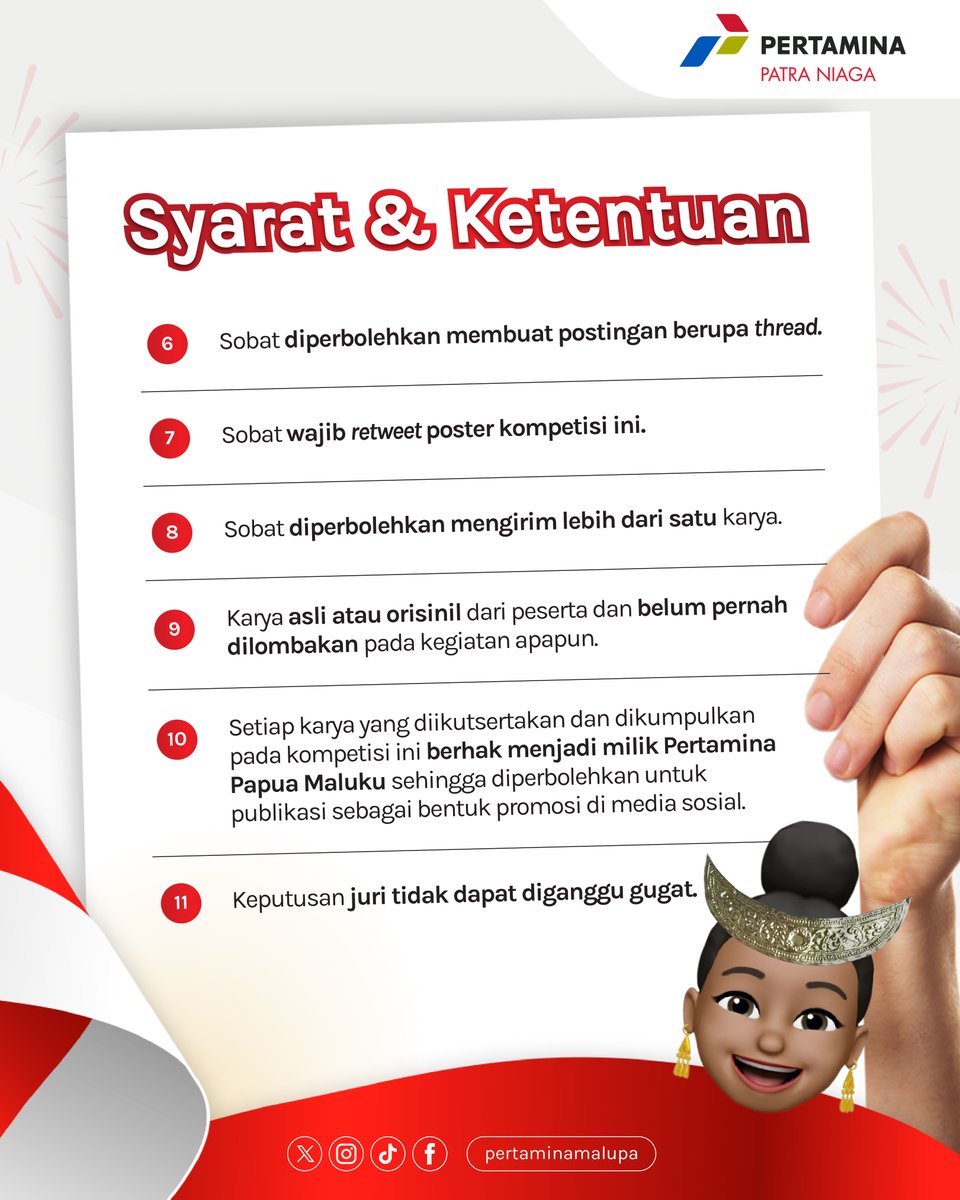 pertaminamalupa's tweet photo. ๐ขPENGUMUMAN๐ข
Karena besarnya antusiasme Sobat Pertamina, #PapaPerta dan #MamaMina mengumumkan bahwa kontes foto #MerdekaBerenergiMerdekaBerekspresi bersama MyPertamina DIPERPANJANG! ๐ฅณ
#HUTRI #KitongPuEnergiTerusMelaju #Giveaway #LombaFoto #KontesFoto #Kuis #Quiz https://t.co/JCvpJhVlZs