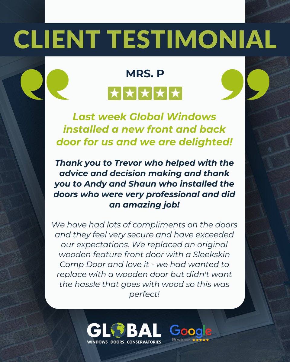 Thank you for your glowing testimonial, Mrs P! 🥰

We love hearing about amazing customer experiences! Excellent work team - we've delighted another lovely customer &amp; exceeded expectations 👏👏

<a href="/compdoor/">Comp Door</a> #Doors #DoorsAndWindows #HomeOwnership #BespokeDesign